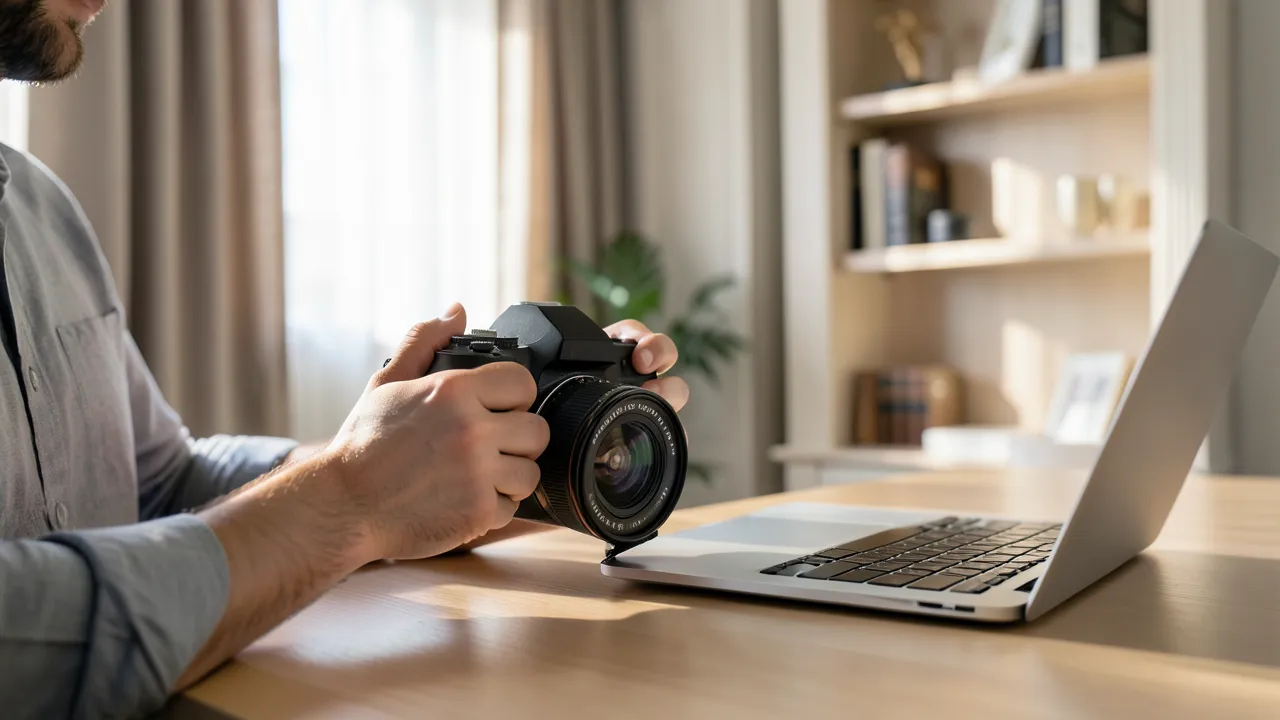 Eine fotografierende Person sitzt an einem sauberen Studiotisch und hält eine Kamera, neben einem Laptop, mit weichem Licht und Hintergrundunschärfe.